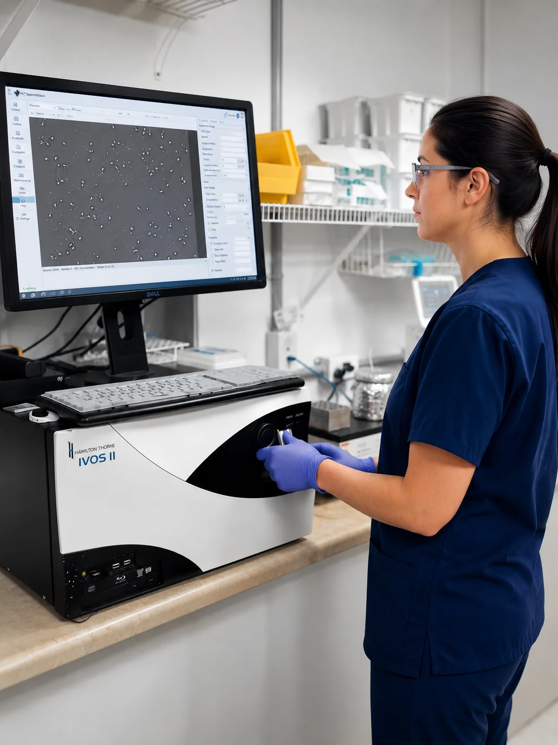 Lab technician analyzing samples on Hamilton Thorne IVOS II